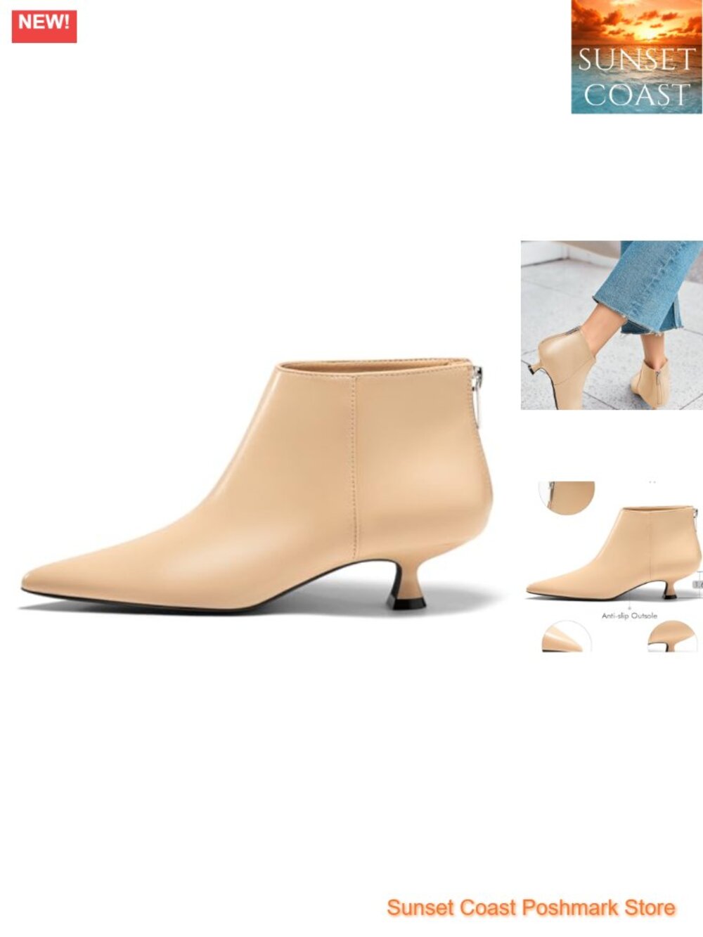 Kitten Heel Ankle Booties Pointed Toe Leather Back Zipper Short Boots